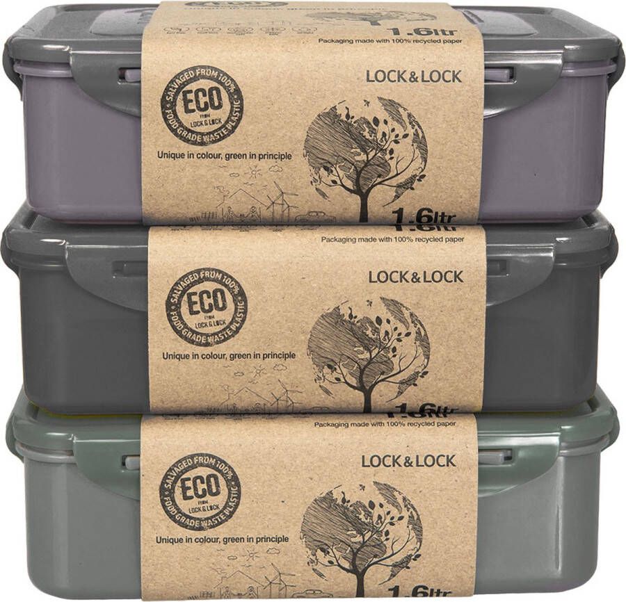 Lock&Lock ECO Vershoudbakjes set met deksel Meal prep bakjes Diepvriesbakjes Bewaardozen voedsel -Lunchbox Broodtrommel Luchtdicht Lekvrij BPA vrij Duurzaam Zero waste 100% gerecycled plastic 1 6 liter Set 3 stuks LocknLock