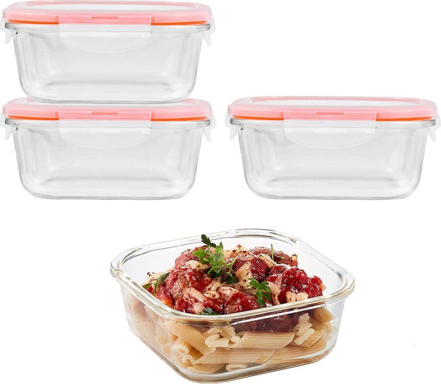 Lock&Lock Glazen vershoudbakjes Glazen meal prep bakjes Glazen bakjes met deksel Ovenschaaltjes met deksel Airfryer bakjes Bewaarbakjes Luchtdicht Vierkant 750 ml Set van 4 stuks LocknLock