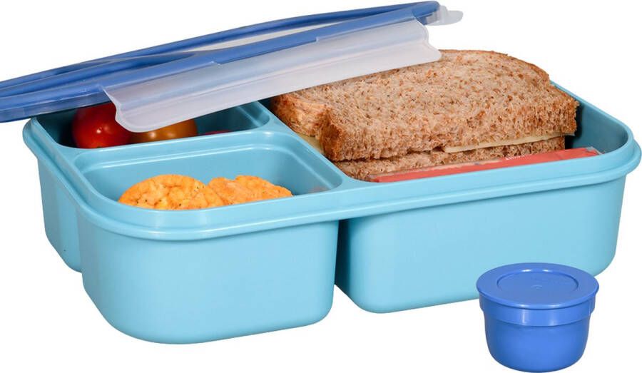 Lock&Lock Lunchbox Bento Box Broodtrommel Salade lunchbox Met 3 Compartimenten Vakjes Met Dressing Saus Bakje Volwassenen en Kinderen To Go Lekvrij BPA vrij 980 ml Blauw