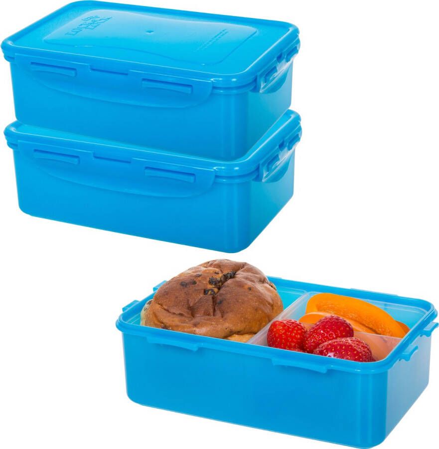 Lock&Lock Lunchbox Bento box Snackdoosjes Snackbox met verdeelvakjes Set van 3 stuks Kinderen Lekvrij 1 liter Blauw
