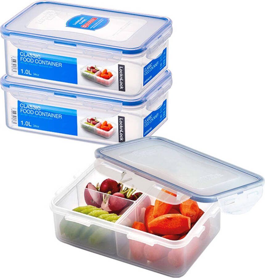 Lock&Lock Lunchbox Snackdoosjes Bento box Meal prep Bakjes Vershoudbakjes set met deksel Diepvriesbakjes Diepvriesdozen Bewaarbakjes Vershouddoos Met 3 Compartimenten Vakjes Volwassenen en Kinderen 1 liter Set van 3 Stuks