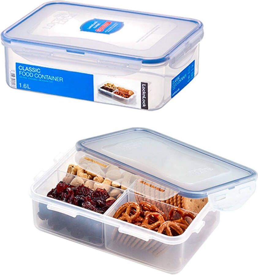 Lock&Lock Lunchbox Snackdoosjes Bento Box Vershoudbakjes set met deksel Diepvriesbakjes Diepvriesdozen Bewaarbakjes Met Compartimenten Vakjes Volwassen en Kinderen Lekvrij BPA vrij Transparant 1 6 liter Set 2 Stuks