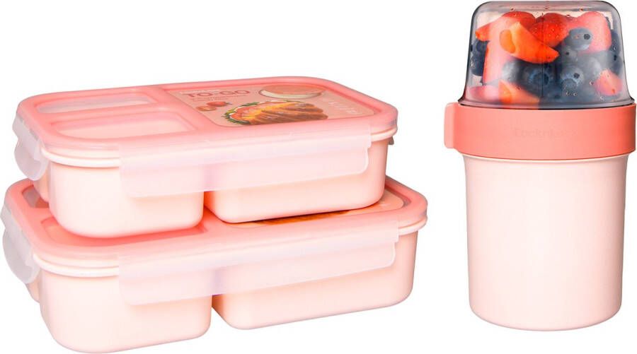 Lock&Lock Lunchset Yoghurtbeker en Lunchboxen Bento Box Muesli Beker Snackdoosjes Lunchpot Met Compartimenten Volwassenen en Kinderen To Go Lekvrij BPA vrij Roze