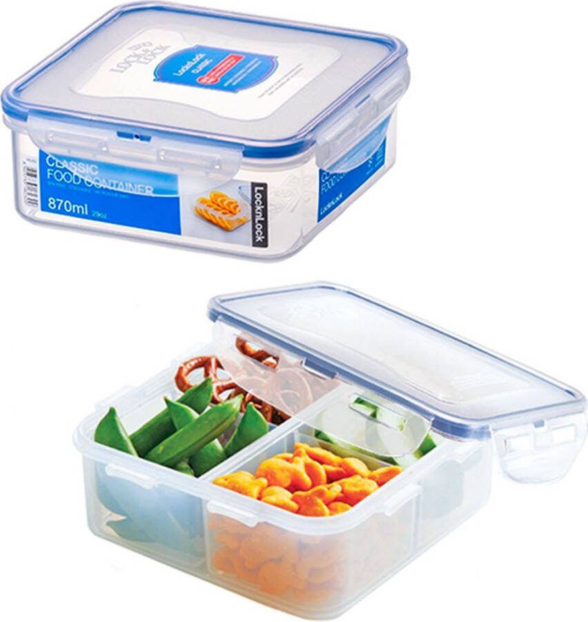 Lock&Lock Snackdoosjes Bento Box Snackbox Met Compartimenten Vakjes Vershoudbakjes set met deksel Diepvriesbakjes Diepvriesdozen Volwassenen en Kinderen Luchtdicht Lekvrij BPA vrij Transparant 870 ml Set 2 Stuks