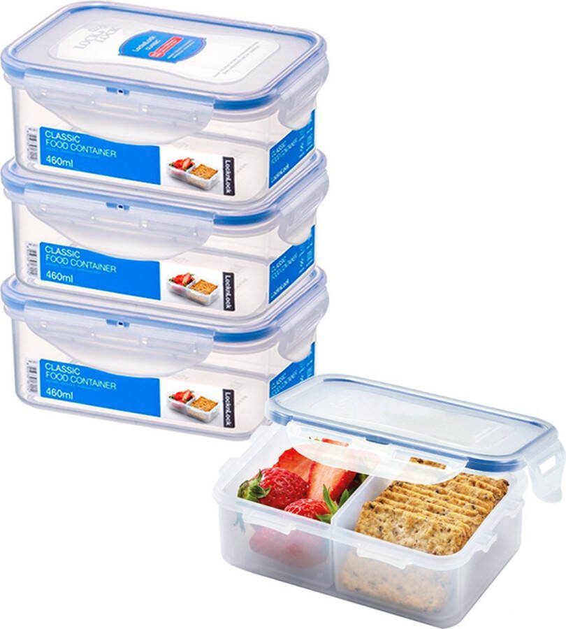 Lock&Lock Snackdoosjes Bento box Snackbox Vershoudbakjes set met deksel Diepvriesbakjes Diepvriesdozen Vershouddoos 3 Compartimenten Vakjes Volwassenen Kinderen Lekvrij BPA vrij Transparant 460 ml Set 4 Stuks LocknLock