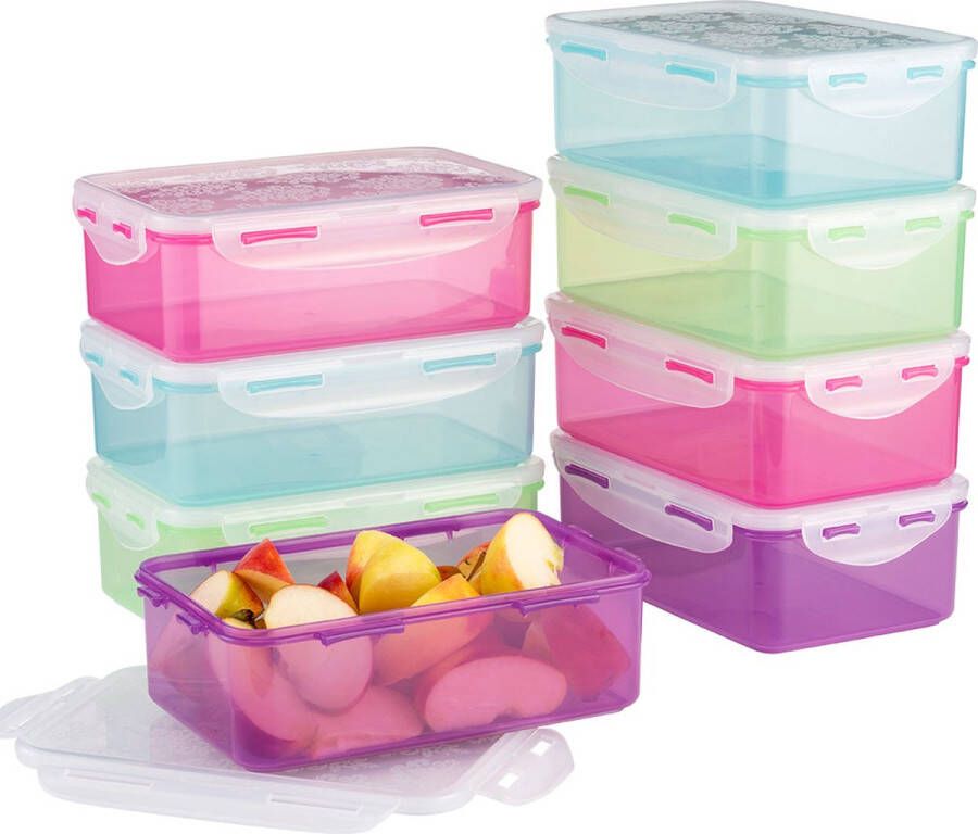 Lock&Lock Vershoudbakjes set met deksel Meal prep bakjes Diepvriesbakjes Diepvriesdozen Bewaardozen voedsel Bewaarbakjes Vershouddoos Lunchboxen Luchtdicht Lekvrij BPA vrij Set van 8 Stuks Multicolor Met dessin deksel