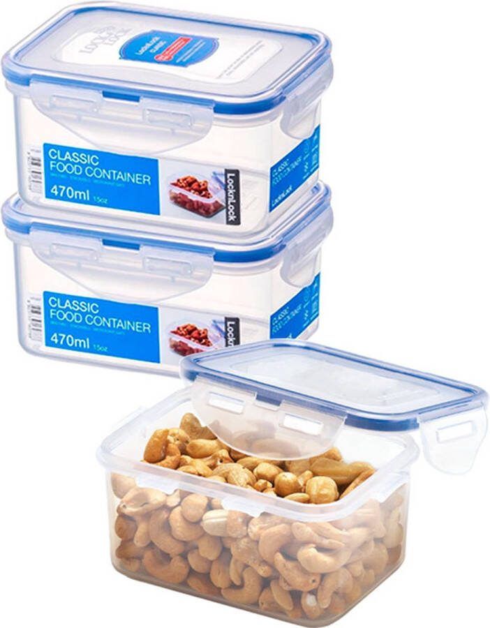 Lock&Lock Vershoudbakjes set met deksel Diepvriesbakjes Diepvriesdozen Bewaarbakjes Bewaardozen voedsel Vershouddoos Snackdoosjes Luchtdicht Lekvrij BPA vrij Transparant 470 ml Set van 3 Stuks LocknLock