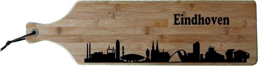 Logo op maat Borrelplank Eindhoven- Brabant Blob Evoluon Klokgebouw Sint-Catharinakerk Bamboe hout 17x63cm Serveerplank