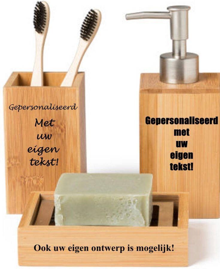 Logo op maat Gepersonaliseerde bamboe badkamer set met zeeppompje tandenborstel beker en zeepbakje met uw eigen tekst of ontwerp! zeepdispenser