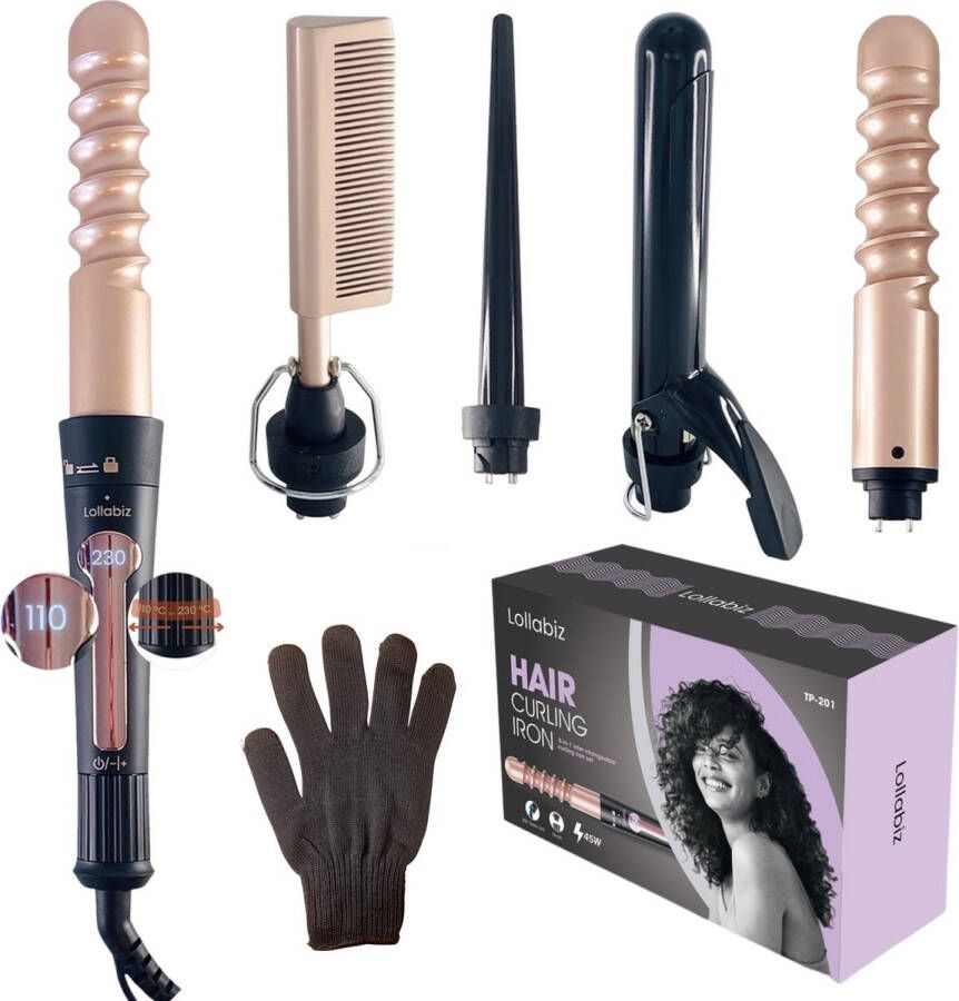 Lollabiz 4-in-1 Keramische Krultang Haarkruller met Opzetstukken Incl. Handschoen Curling Iron 120-230°C Valentijn cadeautje voor haar