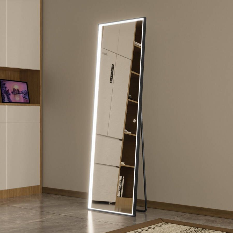 Lomazoo Passpiegel Rechthoek Zwart Staande Spiegel Zwart Spiegel Met Verlichting 160 x 50 cm LUMINA
