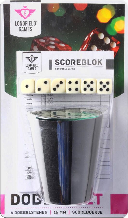 Longfield Games 2x Dobbelset beker inclusief 6 dobbelstenen en yahtzee scoreblok dobbelspel Dobbelspellen