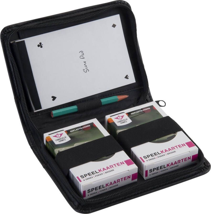 Longfield 2 DECKS PLAYING CARDS NORMAL 4 INDEX IN PU LEATHER CASE WITH PENCIL AND SCOREBLOCK