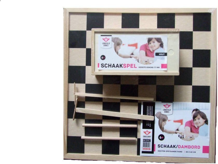 Longfield Games Compleet dam schaakbord met schaakstukken en damstenen + gratis 2 toverstokjes propellerstokjes van hout