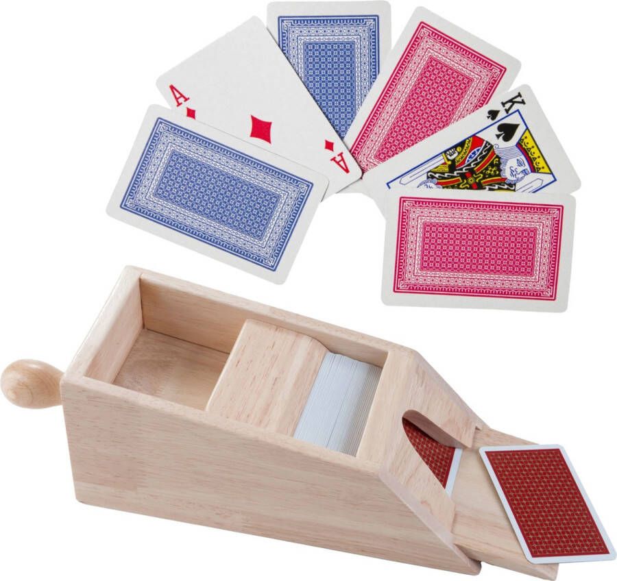 Longfield Games Houten Blackjack kaartgever slof met handvat 28 x 11 5 x 9 5 cm inclusief 2x sets speelkaarten Speelkaarthouders