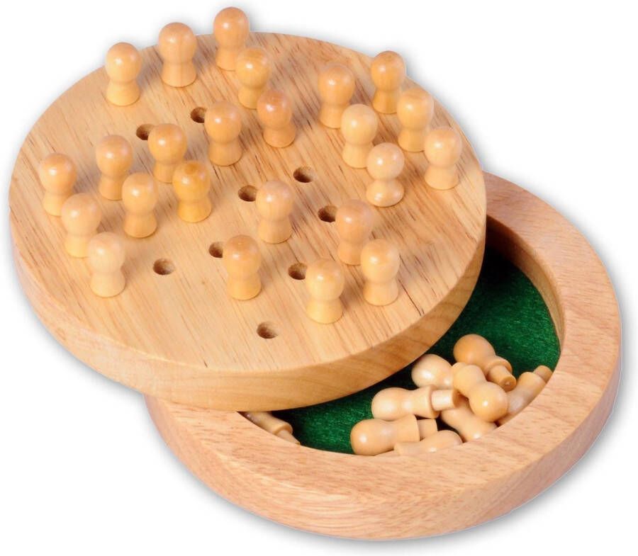 Longfield RUBBER WOOD TRAVEL SOLITAIR INCLUDING 33 WOODEN PEGS AND RULES OF THE GAME DIAMETER 12 CM