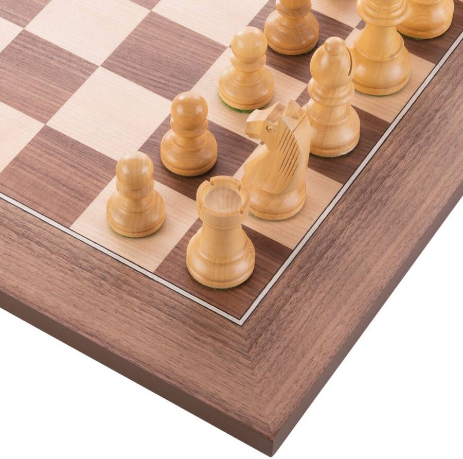 Longfield schaak set bord walnoot esdoorn ingelegd 50x50cm met schaakstukken no. 4 in houten kist