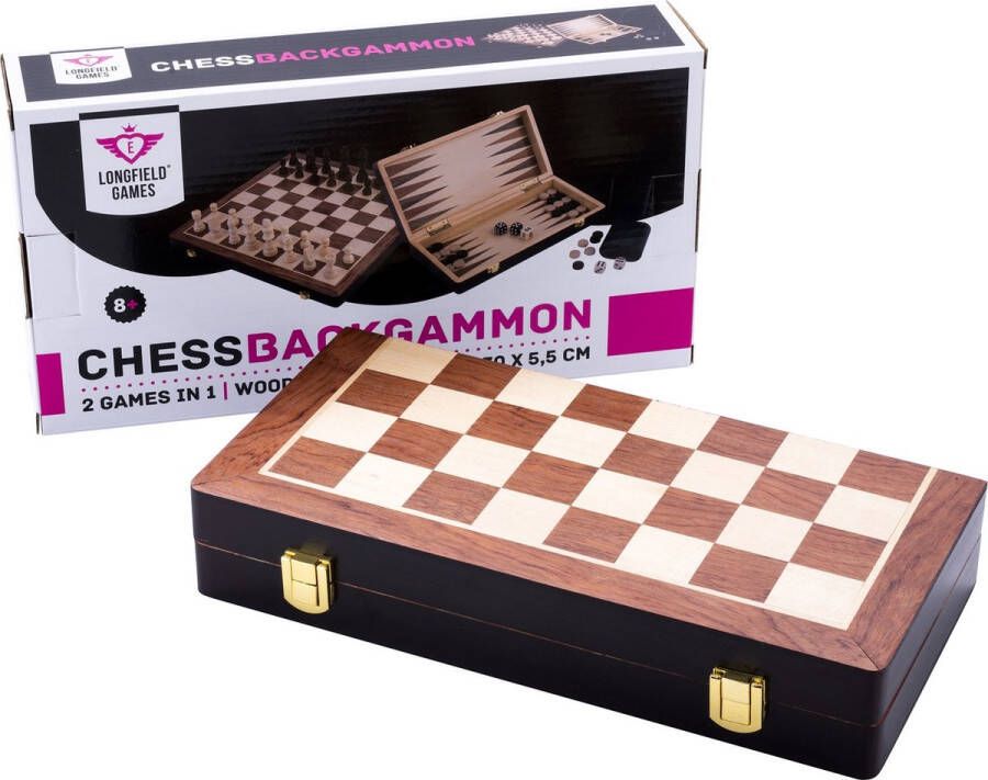 Longfield Games Schaakspel en Backgammon Spel Essenhout Bruin Opklapbaar 30 x 30 cm