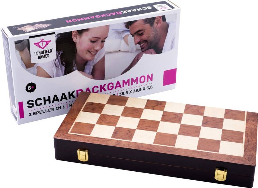 Longfield Games Schaakspel en Backgammon Spel Essenhout Bruin Opklapbaar 38 5 x 38 5 cm