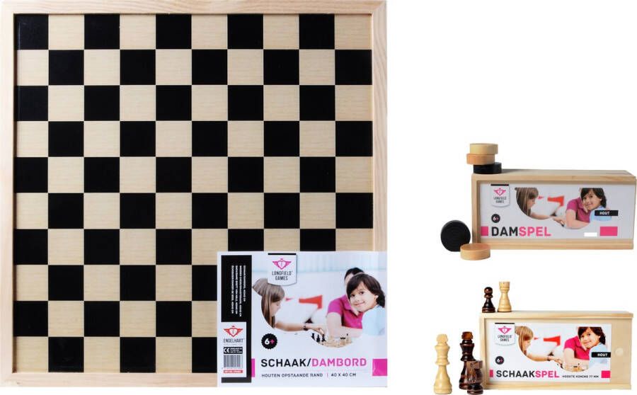 Longfield Schaakbord dambord 40x40 cm inclusief schaakstukken en damstenen