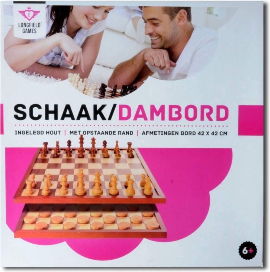 Longfield Schaak dambord ingelegd. Afm. 42 x 42 cm. Verpakt in colour box. Zonder accessoires