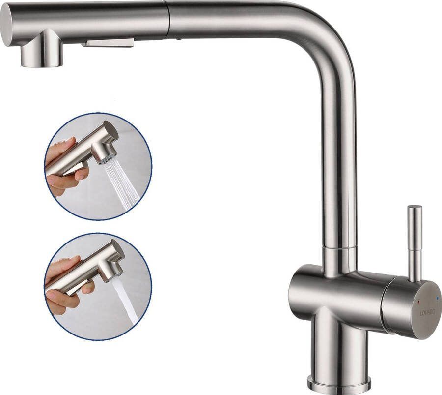Lonheo max Keuken Kraan Chroom- Keukenkraan met Uittrekbare Uitloop Met uittrekbare handdouche 2 straalsoorten 360° Draaibaar RVS