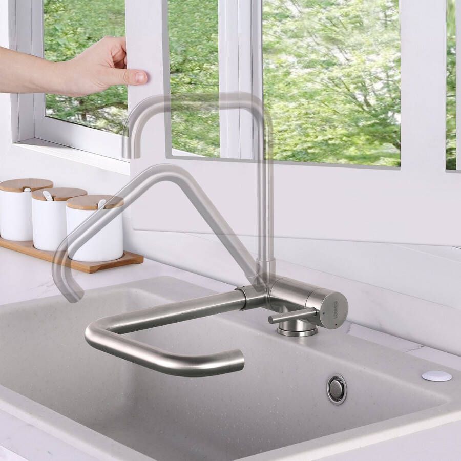 Lonheo max Keukenkraan Chroom Keukenkraan Opvouwbaar Voorraam Hoge Druk Keukenkraan 180° Opvouwbaar 360° Draaibare Keukenkraan Warm en Koud Beschikbaar