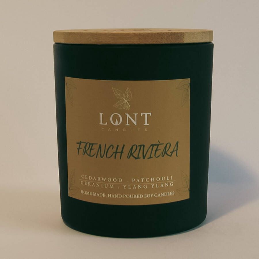 LONT candles sojawas geurkaars French Rivièra cedarwood patchouli geranium ylang vrij van chemicaliën en ftalaten handgemaakt zwart 730 gram