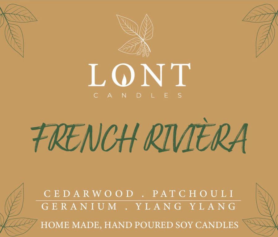 LONT candles sojawas geurkaars French Rivièra cedarwood patchouli geranium ylang vrij van chemicaliën en ftalaten handgemaakt zwart 520 gram