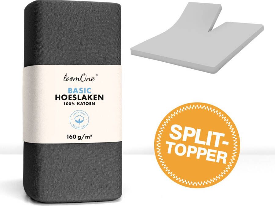 Loom One Hoeslaken Splittopper – 100% Jersey Katoen – 200x200 cm – tot 10cm matrasdikte– 160 g m² – Antraciet