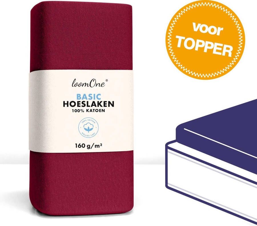 Loom One Hoeslaken Topper – 100% Jersey Katoen – 200x200 cm – tot 10cm matrasdikte– 160 g m² – Wijnrood