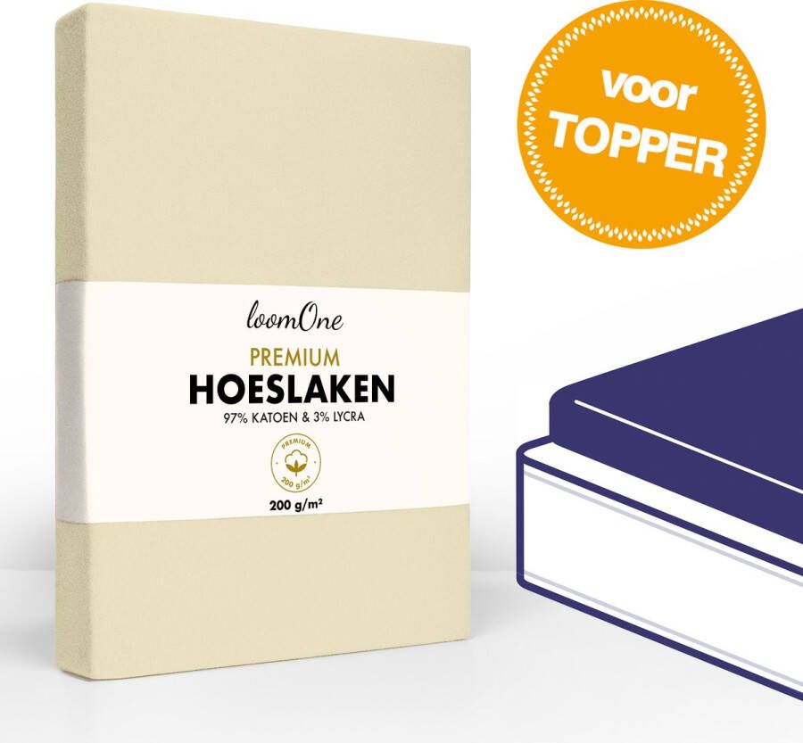 Loom One Premium Topper Hoeslaken – 97% Jersey Katoen 3% Lycra – 140x200 cm – tot 12cm matrasdikte– 200 g m² – voor Boxspring-Waterbed Natural Crème