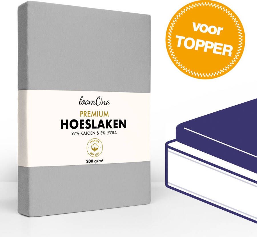 Loom One Premium Topper Hoeslaken – 97% Jersey Katoen 3% Lycra – 140x200 cm – tot 12cm matrasdikte– 200 g m² – voor Boxspring-Waterbed Grijs