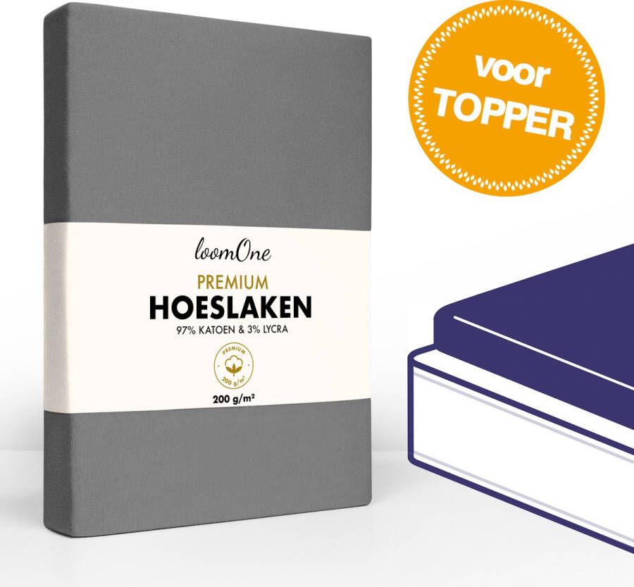 Loom One Premium Topper Hoeslaken – 97% Jersey Katoen 3% Lycra – 140x200 cm – tot 12cm matrasdikte– 200 g m² – voor Boxspring-Waterbed Antraciet