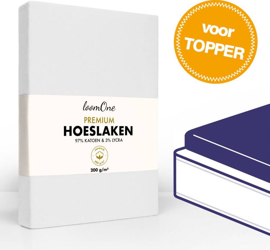 Loom One Premium Topper Hoeslaken – 97% Jersey Katoen 3% Lycra – 140x200 cm – tot 12cm matrasdikte– 200 g m² – voor Boxspring-Waterbed Wit