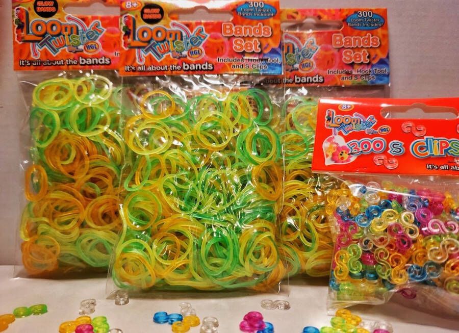 Loom twister 3 sets Loombandjes en 1 set s-clips glow mix groen geel oranje 3 x 300 bandjes inclusief haakjes en tools