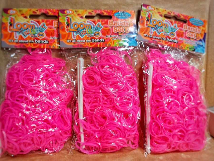 Loom twister 3 sets Loombandjes neon roze 3 x 600 bandjes inclusief haakjes en tools
