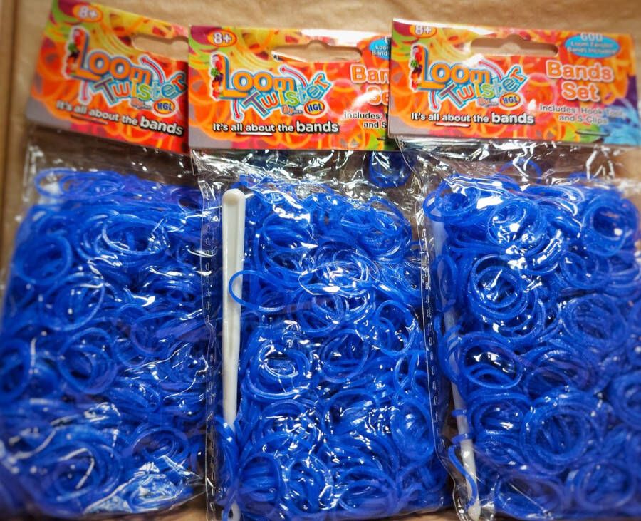 Loom twister 3 zakjes Loombandjes neon blauw 3 x 600 bandjes inclusief haakjes en tools