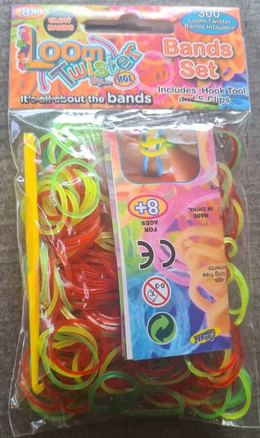 Loom twister Loom Bandjes Glow in the dark Mix Rood Groen Geel 300 stuks Loombandjes Loomelastiekjes Elastiekjes Inlcusief S-Clips Haakjes