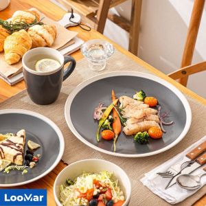 LooMar Luxe Serviesset – 16 delig – 4 persoons – Porselein Bordenset – Dinner platen – Dessertborden Kommen Mokken Set Paars Zwart