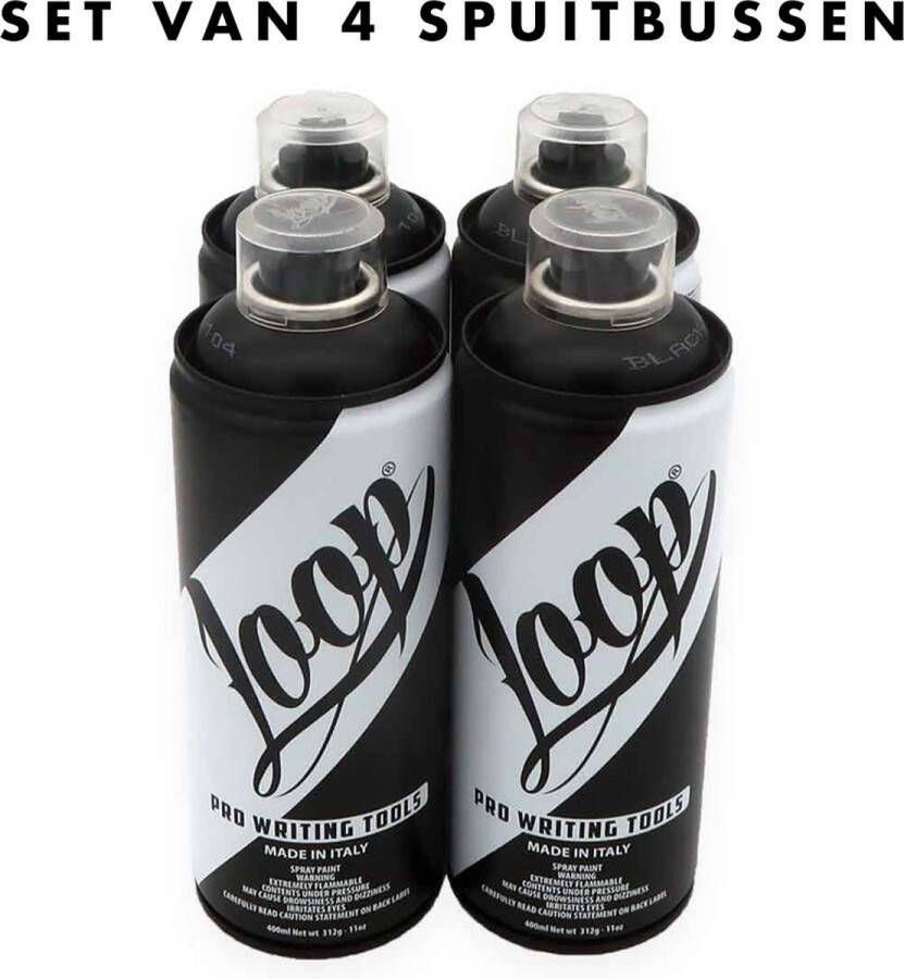 Loop Colors Loop Color Spuitbus Verf Set van 4 Spuitbussen Matt Zwart 400ml Spuitverf Mat Zwart Voordeelset Graffiti Spuitbussen |Voor binnen en buiten Spuitbus voor Hout Metaal Glas Steen Beton