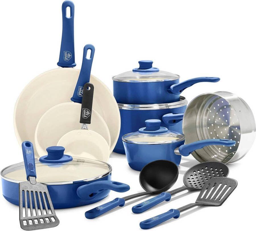 Loos merk GreenLife Soft Grip gezonde keramische antiaanbaklaag 16-delige pannenset met braadpan steelpan en kookpan PFAS-vrij vaatwasmachinebestendig Ovenbestendig Blauw