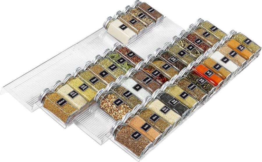 Loos merk unststof Verstelbare Kruidenreklade voor Lade Organisatie 64 Kruidenpotten Organizer voor Keuken Ruimte Aanrecht Kast Plank 4 Lagen Set van 8 Doorzichtig