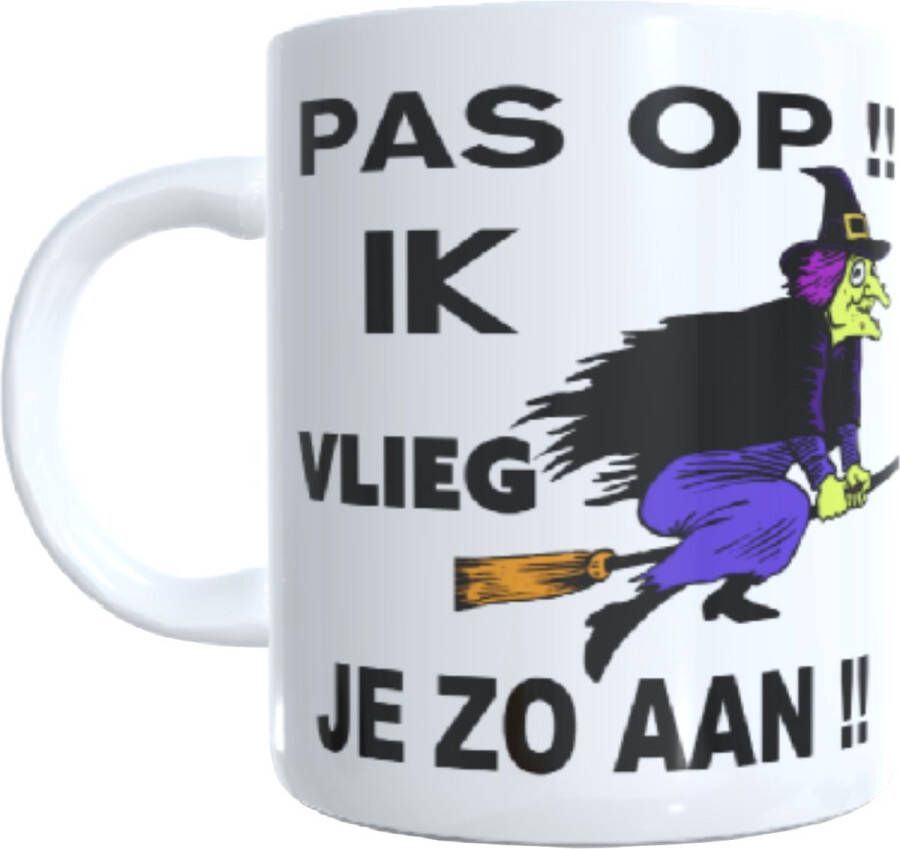 Looster-art&design Bedrukte koffie beker pas op ik vlieg humor thee mok grappig heks