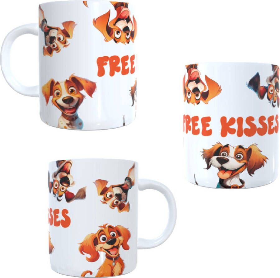 Looster-art&design Bedrukte koffie beker thee mok tekst free kisses dog hond