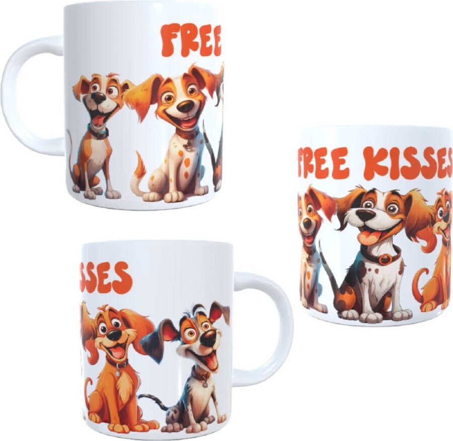 Looster-art&design Bedrukte koffie beker thee mok tekst free kisses dog hond