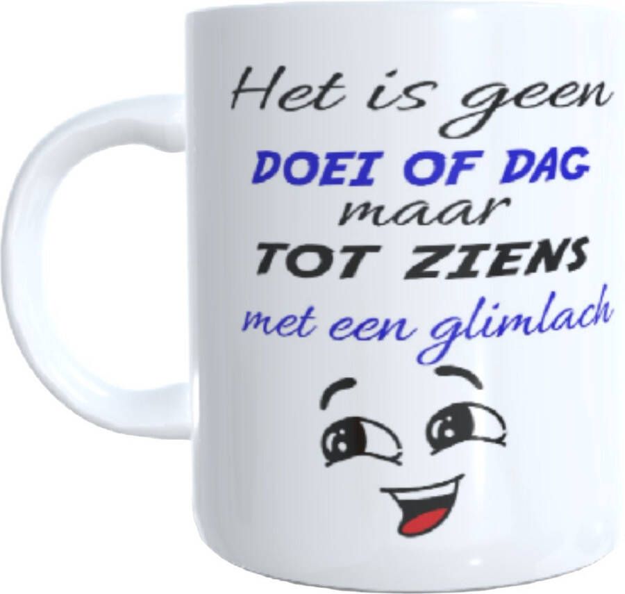 Looster-art&design Koffie beker thee mok geen doei maar dag tot ziens met een glimlach cartoon face afscheid collega verhuizing