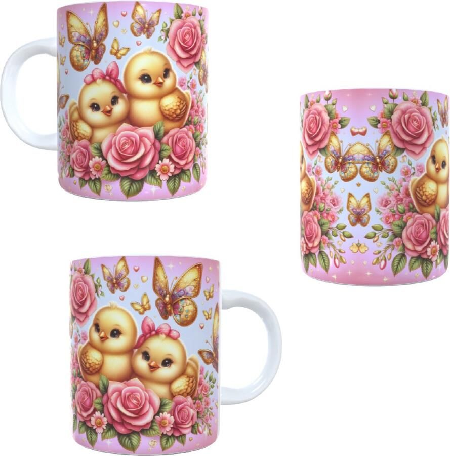 Looster-art&design Koffie beker thee mok gouden vogels vlinders roze roosjes