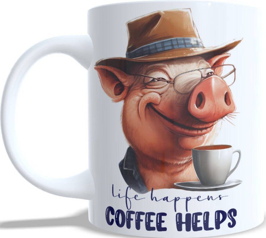 Looster-art&design Koffie beker thee mok life happens coffee helps afbeelding pig