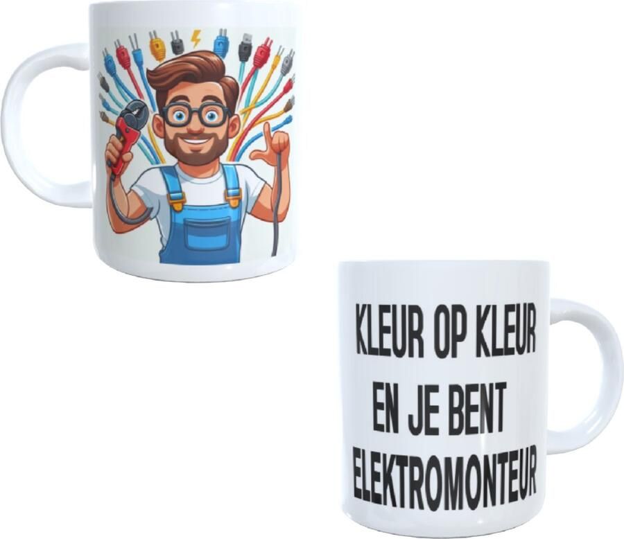 Looster-art&design Koffie beker thee mok tekst kleur op kleur en je bent elektromonteur afbeelding monteur